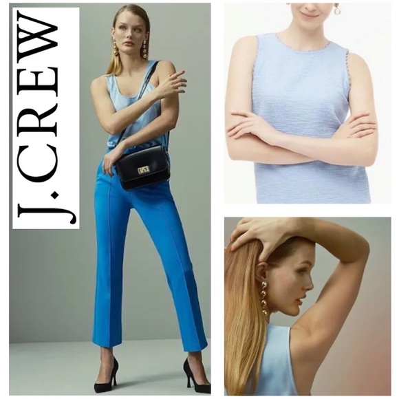 Sleeveless Blue Textured Tank Top Scallop Trim Neck Zip Up Back J Crew - Picture 1 of 16